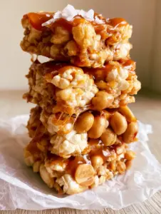 Macro photo of popcorn clusters and roasted peanuts bound by a thick amber caramel sauce. (Cracker Jill bars recipe)