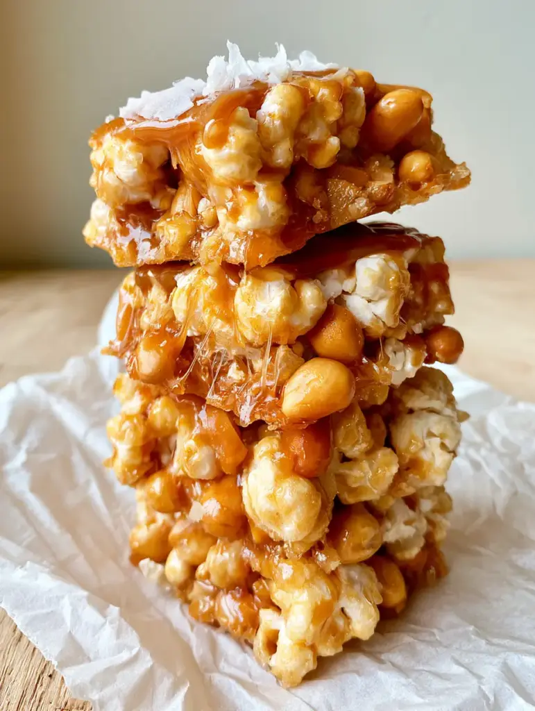 Cracker Jill Bars Recipe: The Ultimate Sweet and Salty Caramel Popcorn Treat 1 Close-up of Cracker Jill bars showing the crunchy and chewy interior with large sea salt flakes. (Cracker Jill bars recipe)