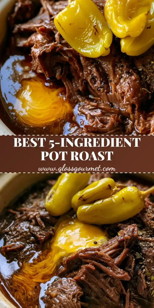 A vertical close-up of shredded mississippi pot roast with melted butter and pepperoncini in a ceramic pot.