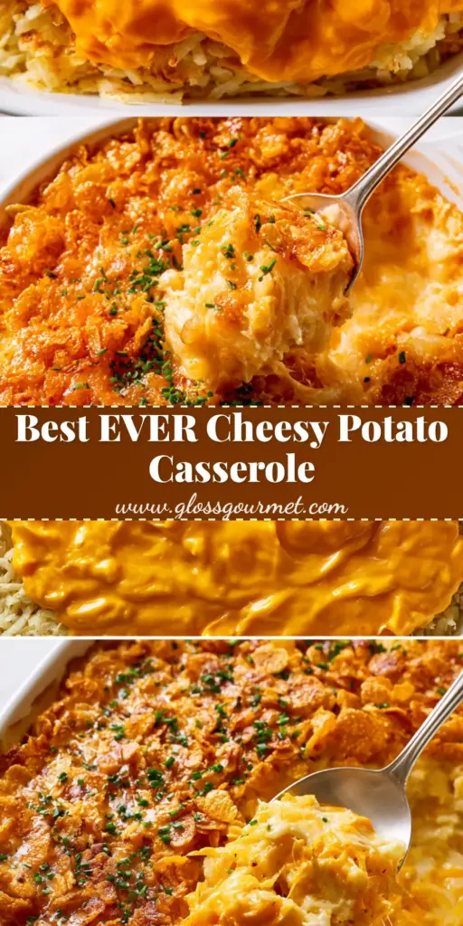 Potato Side Dish: The Ultimate Cheesy Cornflake Hash Brown Casserole 4 A bubbling Potato Side Dish casserole with a golden cornflake topping and a silver spoon revealing a cheesy interior.