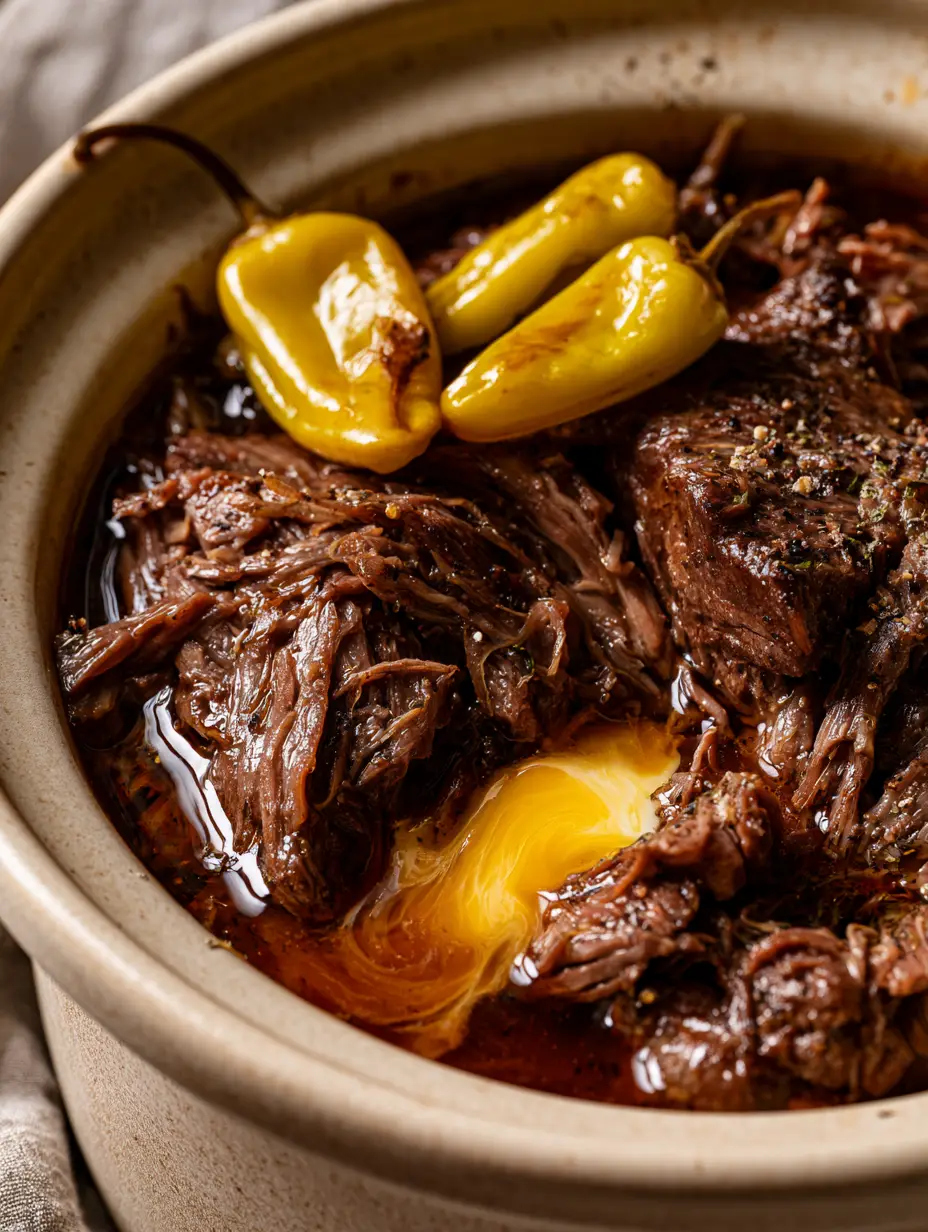 Succulent shredded beef fibers soaking in a dark brown au jus gravy for mississippi pot roast.