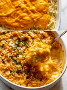Overhead view of shredded potatoes being smothered in vibrant orange sharp cheddar sauce. (Potato Side Dish)