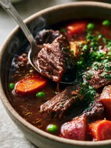 Close-up of pot roast soup with visible fibrous beef texture and glossy dark brown broth. (pot roast soup)