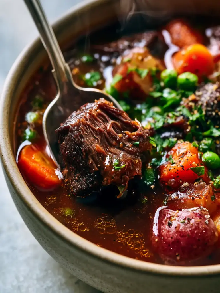 A silver spoon lifting a dripping chunk of tender beef from a bowl of pot roast soup.