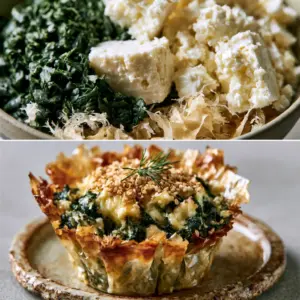 A vertical split-view showing raw spinach and feta filling vs a baked spanakopita muffin. (spanakopita recipe)