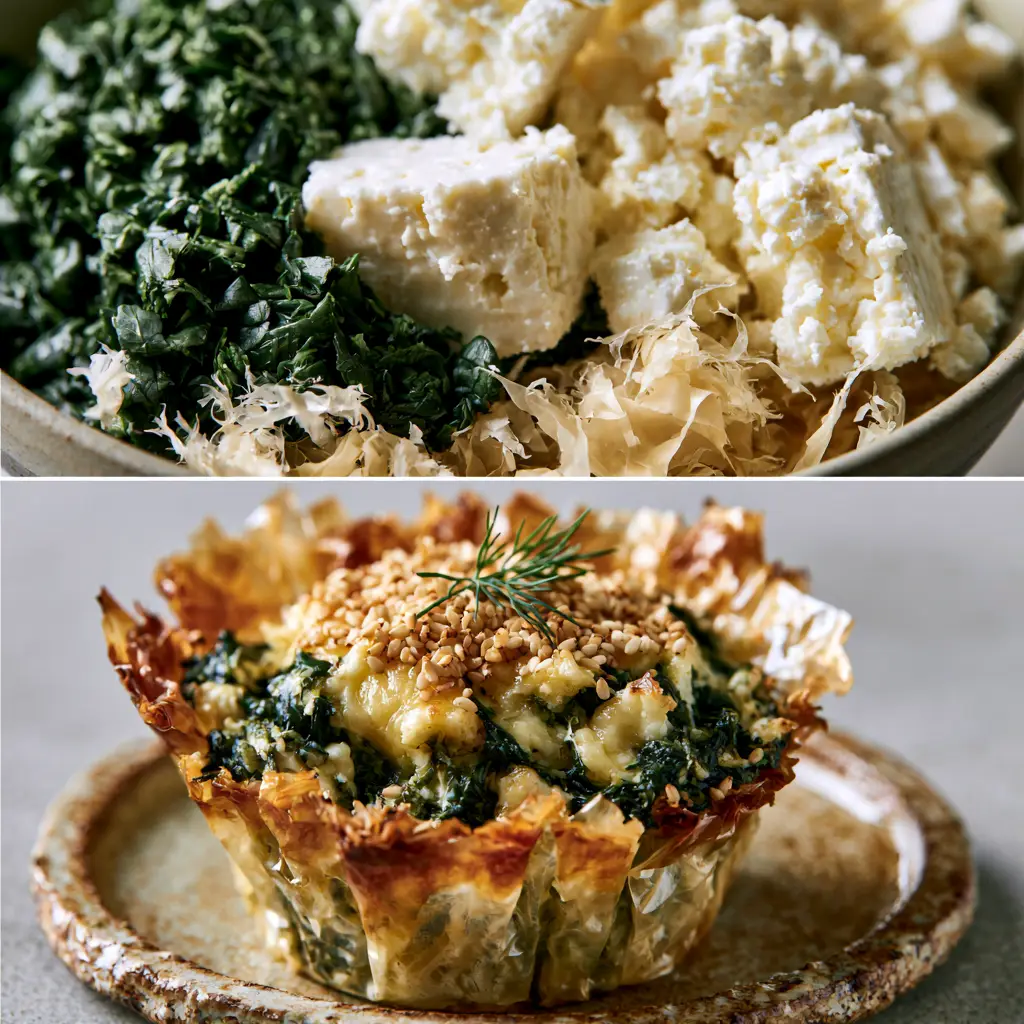 Spanakopita Recipe: Shatteringly Crisp Individual Greek Spinach Pies 2 A vertical split-view showing raw spinach and feta filling vs a baked spanakopita muffin. (spanakopita recipe)