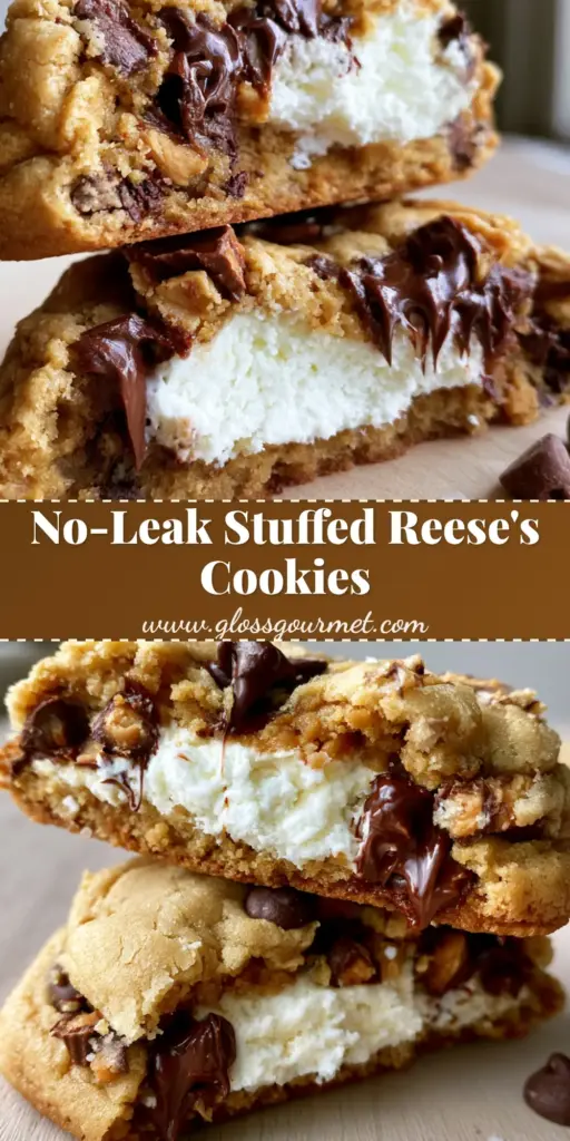 A close-up handheld shot of a Reese’s Cheesecake Cookie broken in half, showing the dense white cream cheese center and melting chocolate chips.