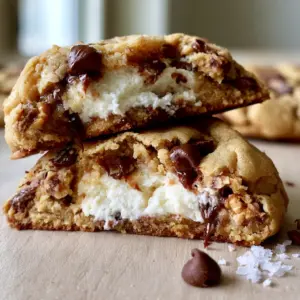 Close-up handheld photo of thick soft Reese’s Cheesecake Cookies with golden-brown crinkled edges and melting semi-sweet chocolate chips.