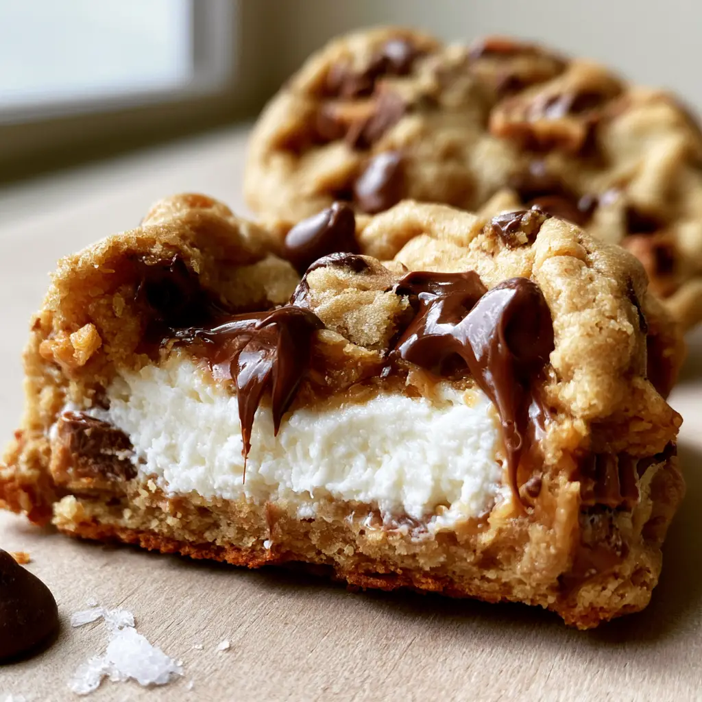 Reese’s Cheesecake Cookies on a light wood surface with scattered chocolate chips and flaky sea salt.