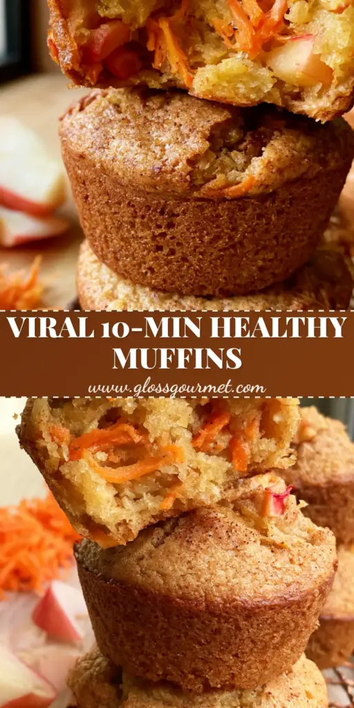 A stack of three golden-brown carrot apple muffins on a wire cooling rack with one broken open to show the moist interior.