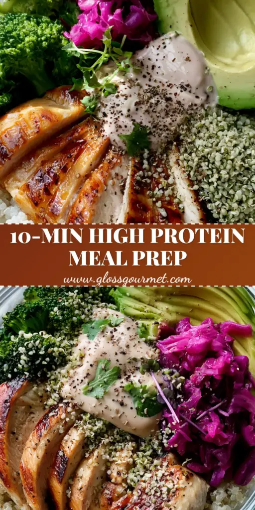 A vibrant Healthy Foods meal prep bowl with seared lemon-herb chicken, fluffy quinoa, avocado, and pickled cabbage in a glass container.