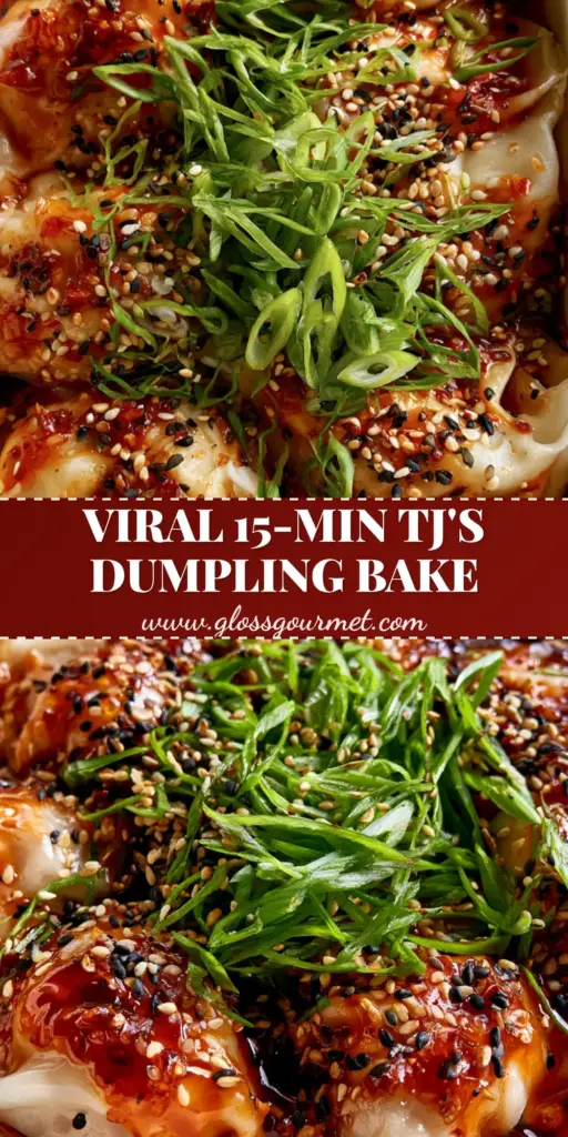 Close-up of a Trader Joe's dumpling bake in a white ceramic dish featuring glossy chili oil and fresh scallions.