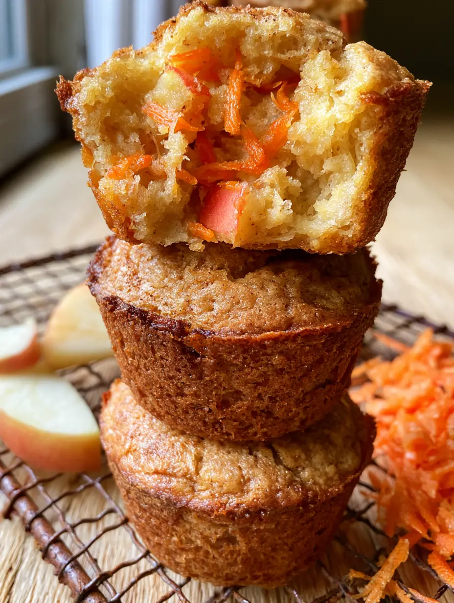 Close-up handheld photo of three carrot apple muffins on a rustic wire rack with visible shredded carrots and red apple chunks.