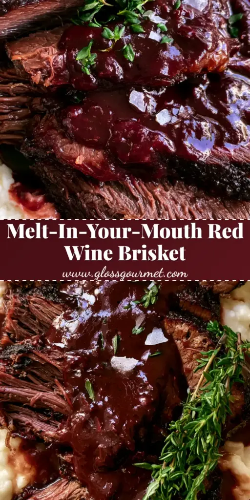 A top-down photo of red wine braised brisket slices served over buttery mashed potatoes with glossy sauce and thyme. (red wine braised brisket)