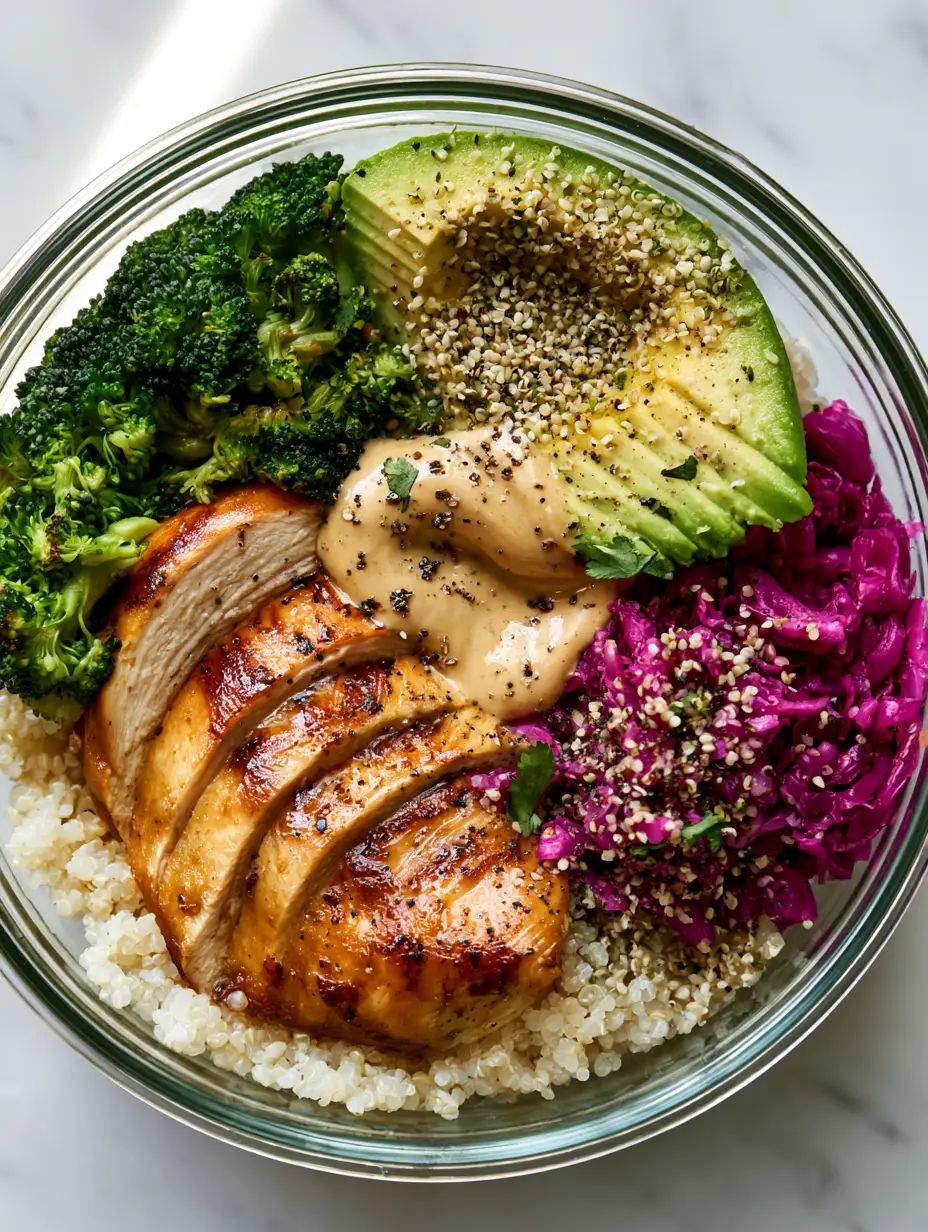 Top-down view of Healthy Foods meal prep container showing golden-brown chicken and vibrant vegetables.
