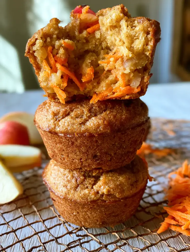 A broken carrot apple muffin showing steam rising and a tender whole wheat crumb on a light oak wooden surface.