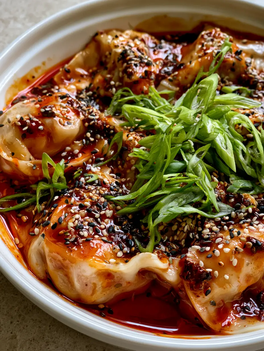 Smartphone photo of plump Trader Joe's soup dumplings smothered in deep-red chili onion crunch. (Trader Joe's dumpling bake)