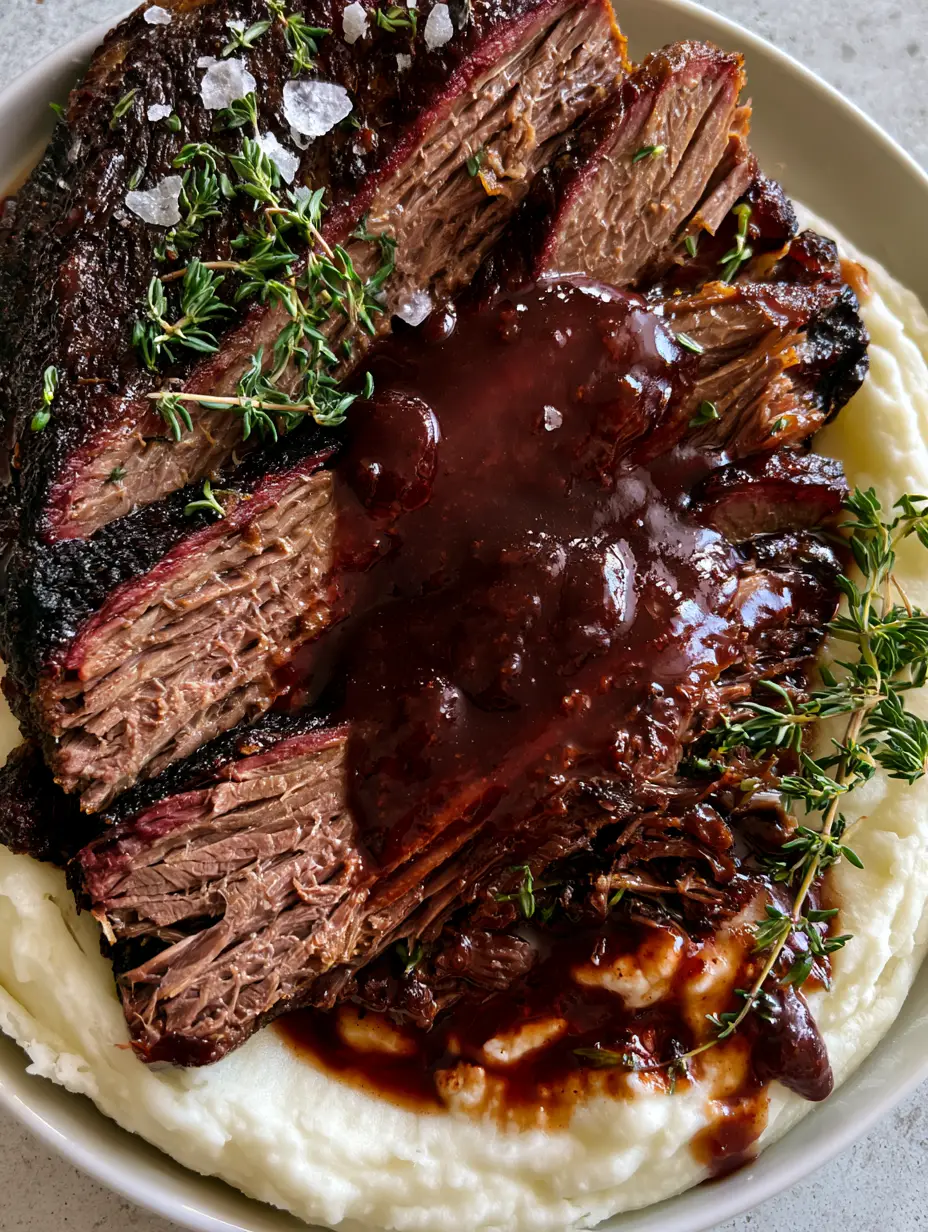 Close-up of thick-sliced red wine braised brisket with mahogany bark and deep burgundy sauce. (red wine braised brisket)
