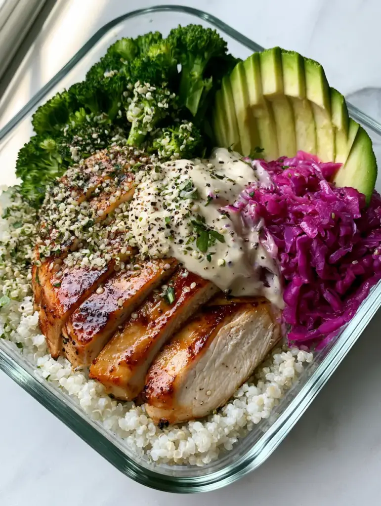 Close-up of lemon-tahini dressing drizzled over Healthy Foods chicken and steamed broccoli.