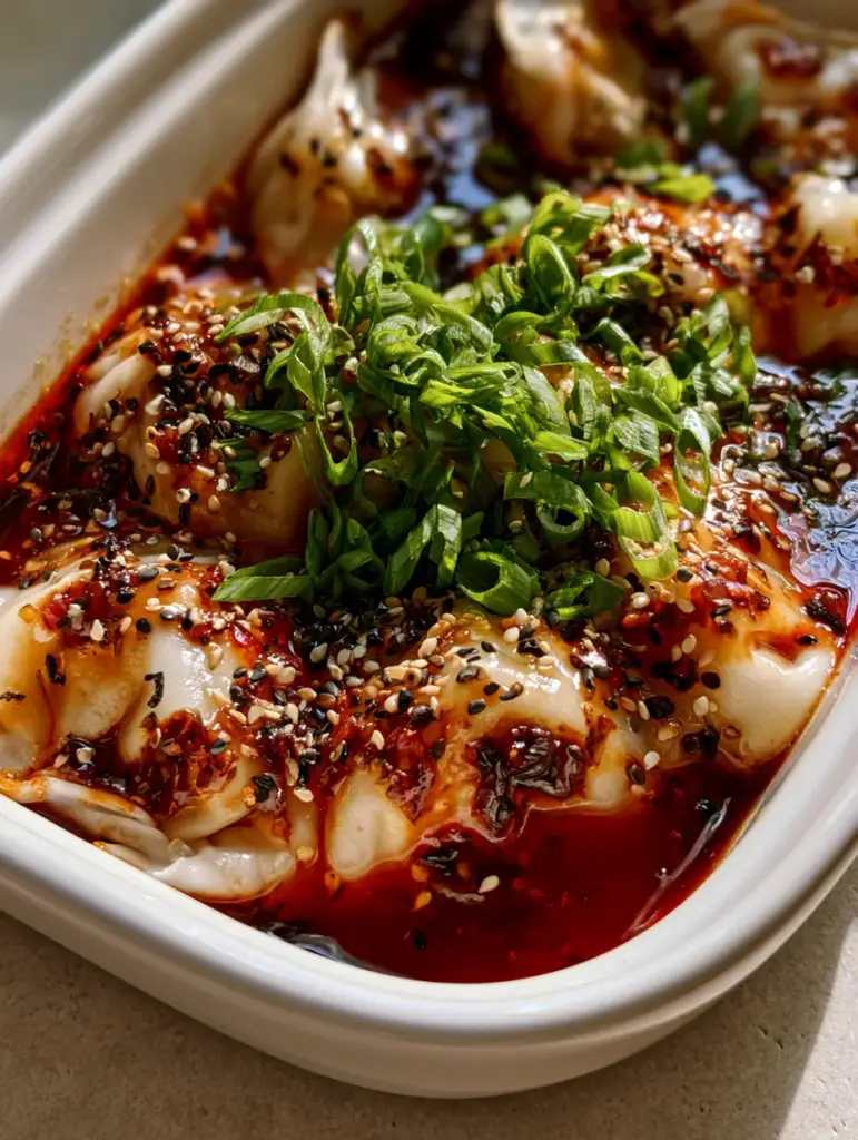 Overhead shot of a Trader Joe's dumpling bake with a heavy garnish of scallions and sesame seeds.