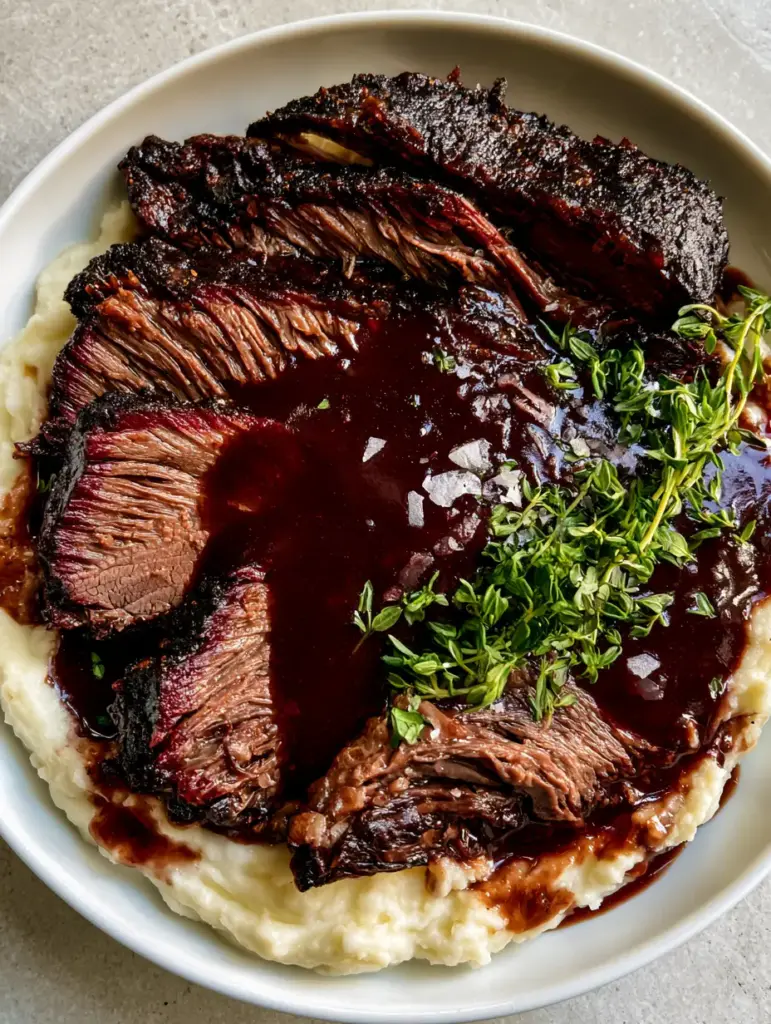 Top-down view of mahogany red wine braised brisket over smooth white mashed potatoes with fresh thyme garnish.