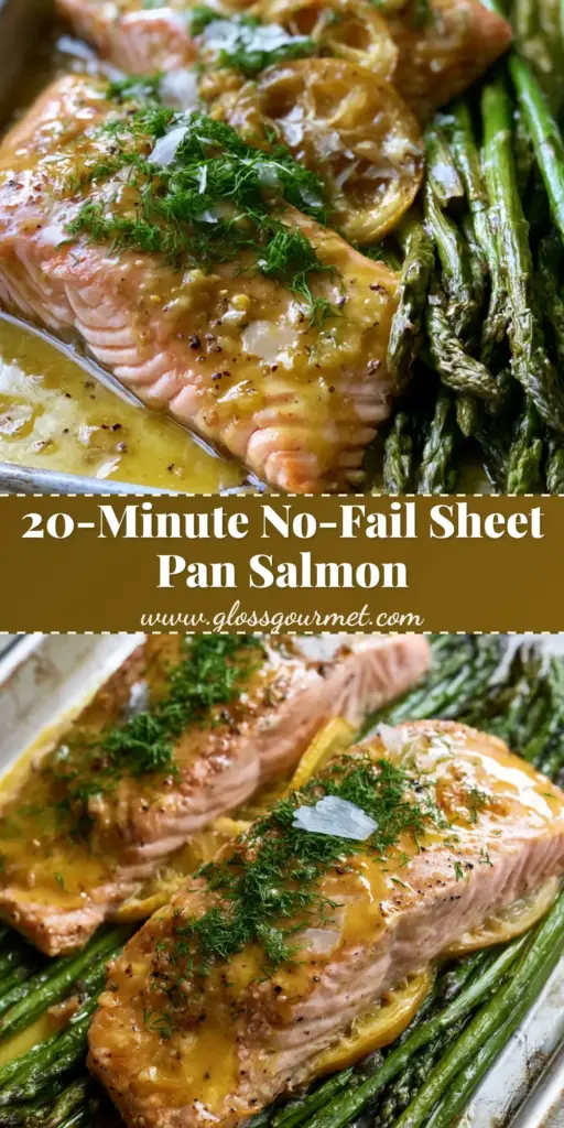 Baked Dijon Salmon with Blistered Asparagus and Caramelized Lemon 3 A top-down view of Baked Dijon Salmon on a silver sheet pan with blistered asparagus and caramelized lemons.