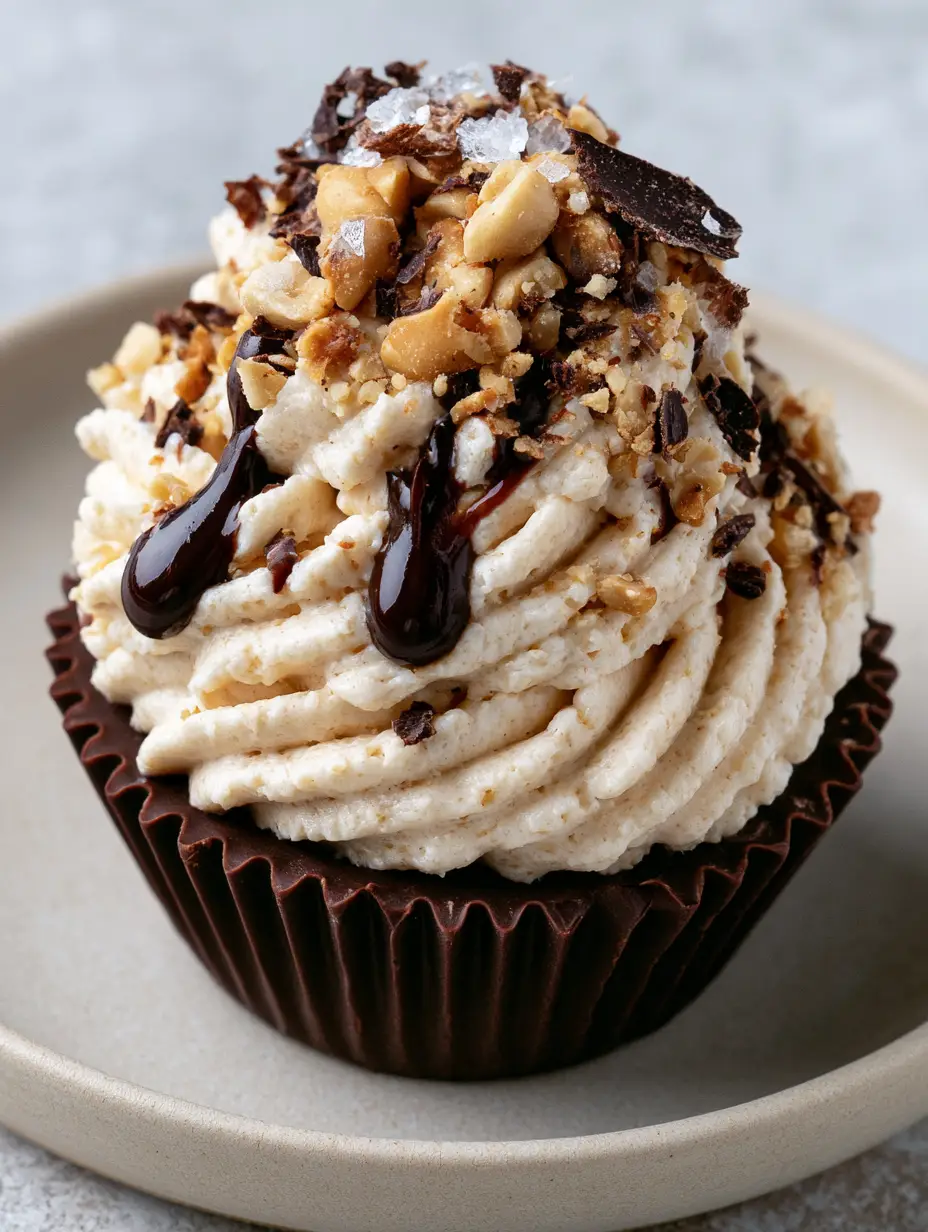 Macro view of a peanut butter mousse cup showing the textured ridges of the whipped filling and the chocolate drizzle. (peanut butter mousse cups)