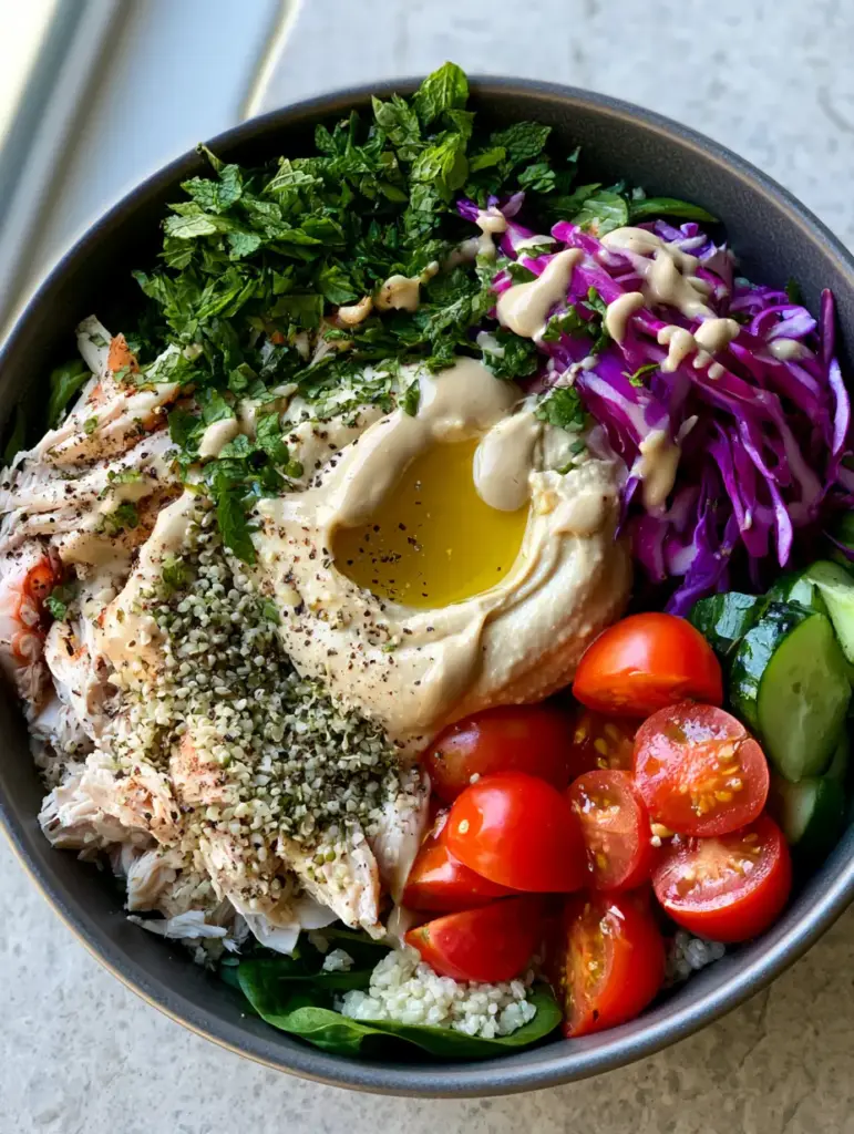Close-up of shredded rotisserie chicken and purple cabbage ribbons in a charcoal bowl. (Healthy bowl recipes)
