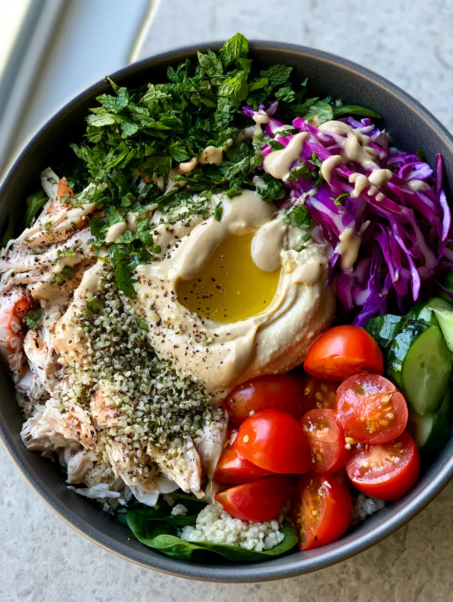 Close-up of shredded rotisserie chicken and purple cabbage ribbons in a charcoal bowl. (Healthy bowl recipes)