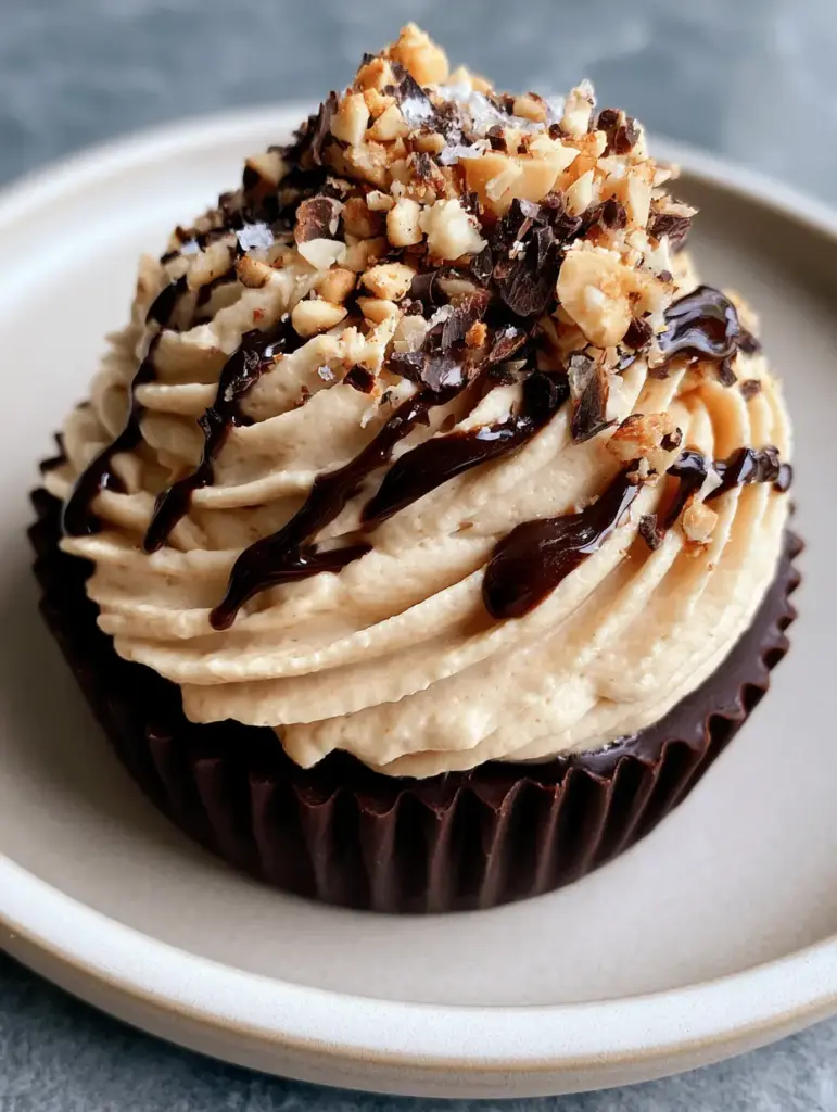 A handheld smartphone style photo of a finished peanut butter mousse cup on a modern stoneware plate.