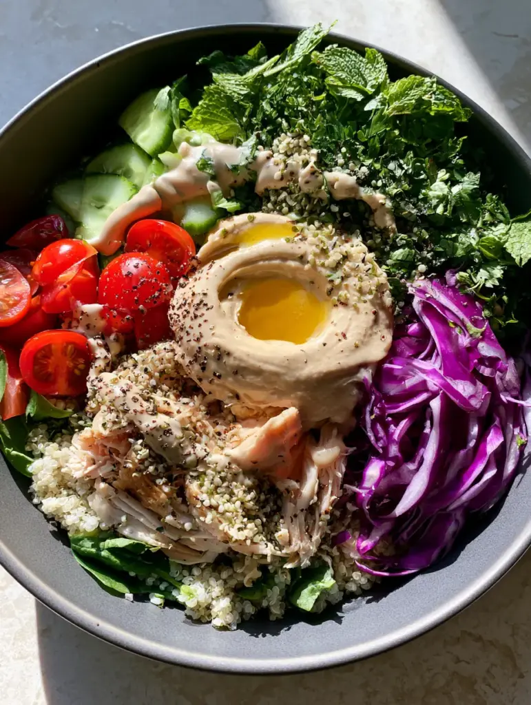 Overhead view of a Mediterranean bowl featuring creamy hummus with a pool of olive oil. (Healthy bowl recipes)