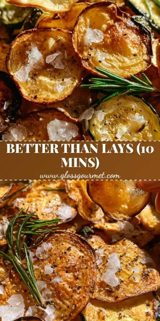 A rustic white ceramic bowl overflowing with golden potato and zucchini chips, seasoned with Maldon salt and rosemary. (salty snack recipes)