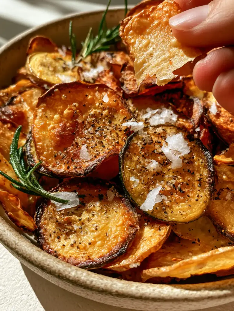 Close up of air-fried zucchini and potato rounds with charred edges and rosemary. (salty snack recipes)