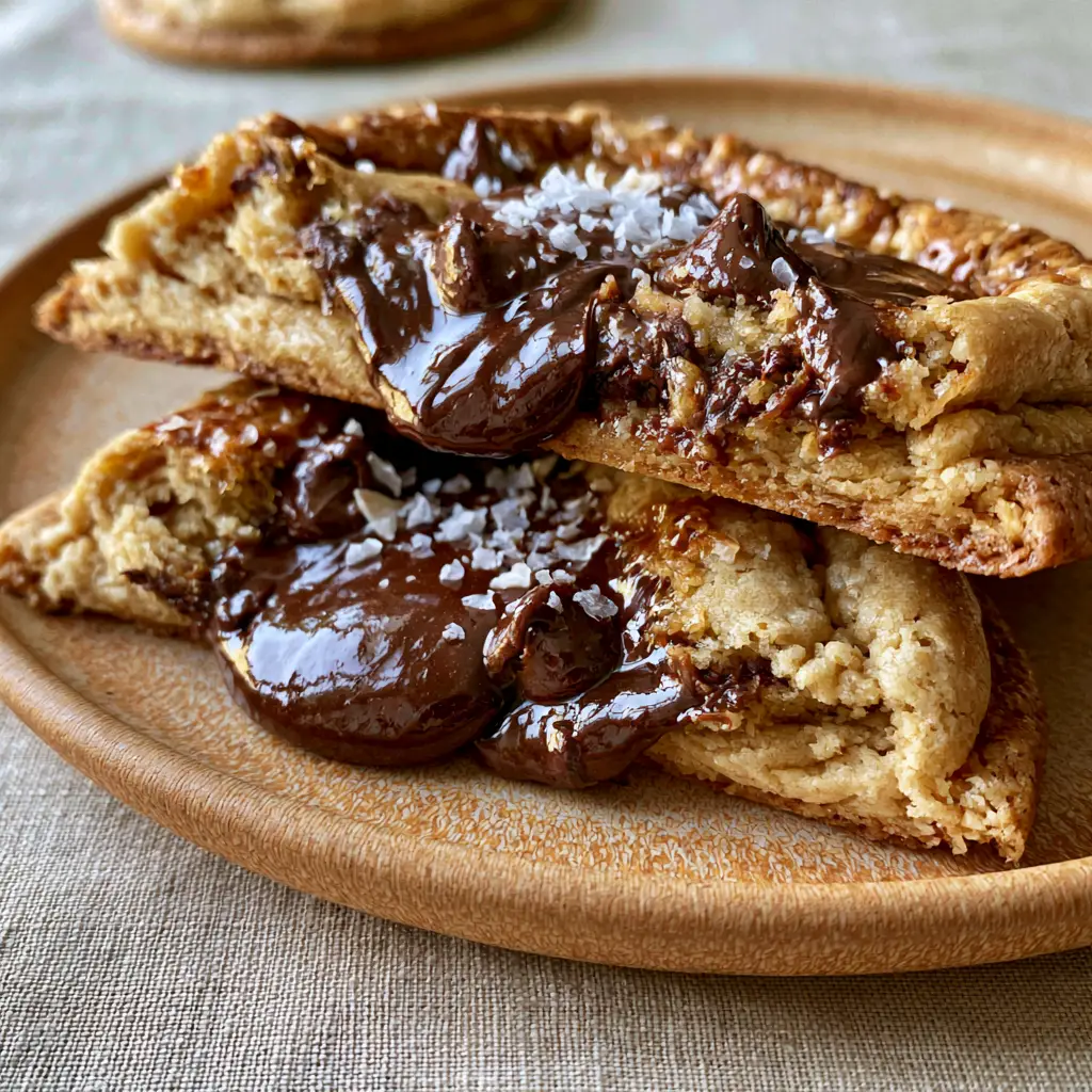 Thick chocolate chip cookie with caramelized golden edges on a textured ceramic plate.