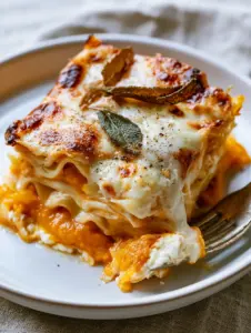 Macro close-up of a square slice of Sweet Potato Butternut Squash Carrot Lasagna showing distinct orange and white layers and a fork pull.