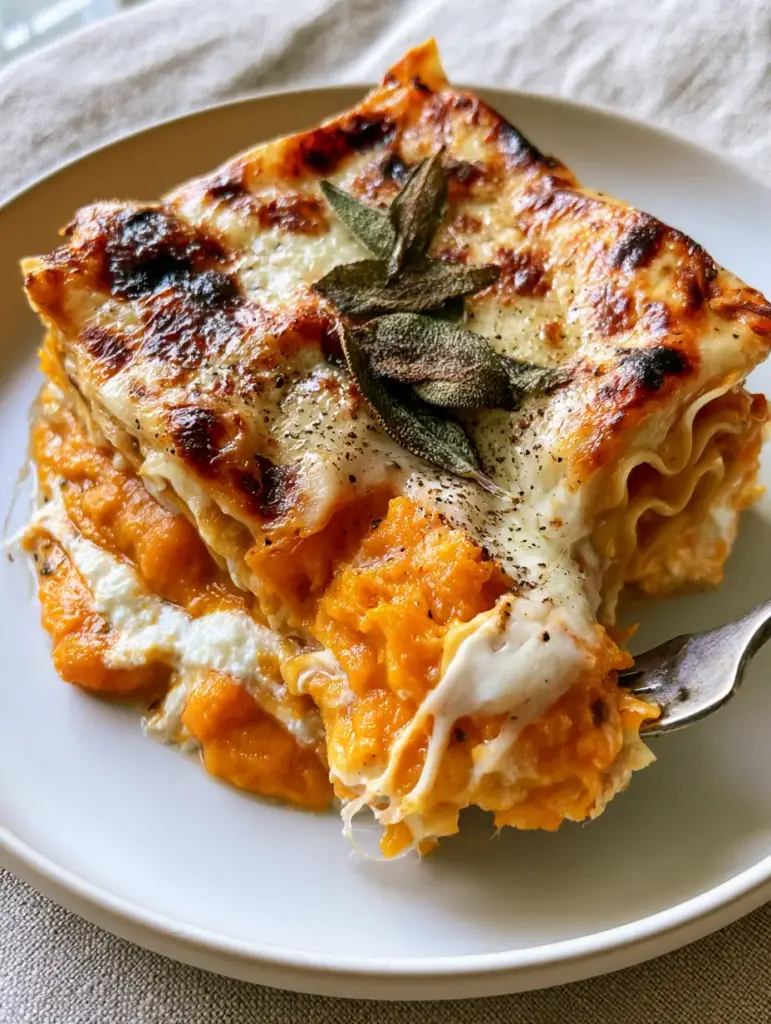 High-angle view of a bubbly, golden-brown Sweet Potato Butternut Squash Carrot Lasagna on a white plate with steam rising.