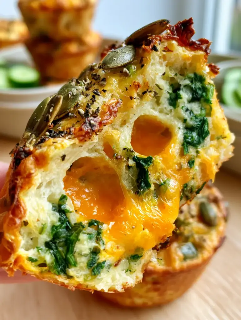 A handheld photo of a Savoury muffin being pulled apart to reveal a steaming fluffy muffin crumb and molten cheddar cheese.