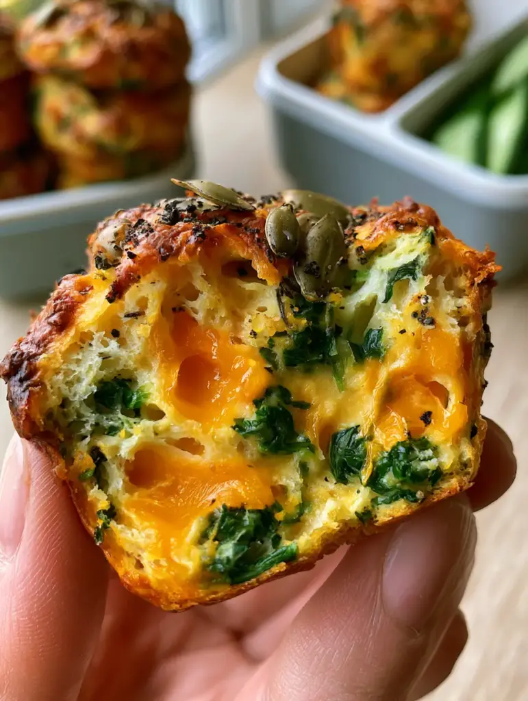 Savoury Muffins with Molten Cheddar and Wilted Spinach 1 Savoury muffins in a bento box with fresh cucumber slices, showcasing the crispy golden-brown cheese crust.