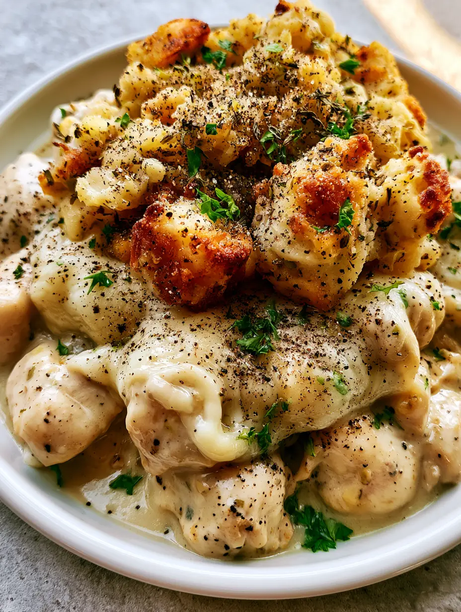 Top-down macro shot of Slow Cooker Swiss Chicken showing juicy chicken chunks, velvety white sauce, and crispy herb stuffing on a white plate.