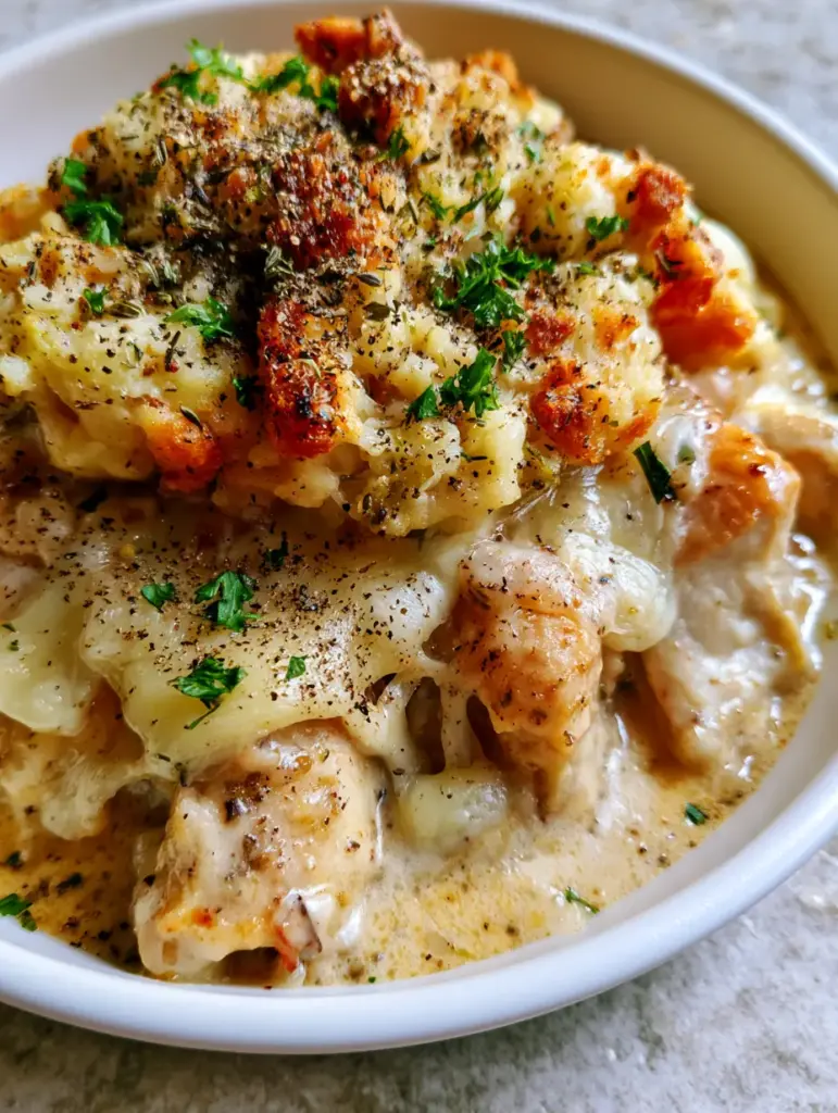 Slightly angled view of Slow Cooker Swiss Chicken highlighting the translucent, bubbly Swiss cheese and the mountain of buttery herb stuffing.