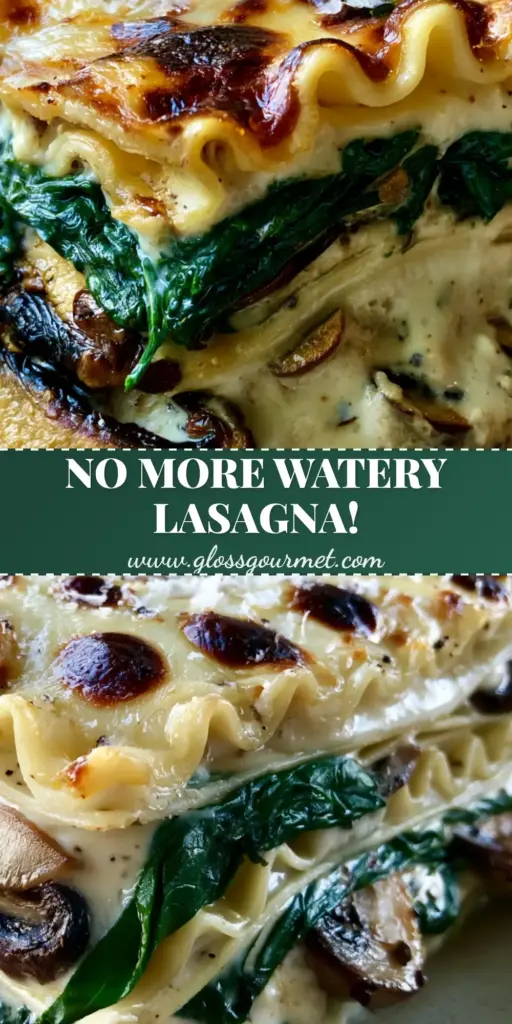 Spinach and Mushroom Lasagna with Creamy Bechamel and Toasted Mozzarella 4 A close-up 45-degree cross-section slice of Spinach and Mushroom Lasagna with wavy noodles, emerald spinach, and a bubbly mozzarella crust on a stone background.