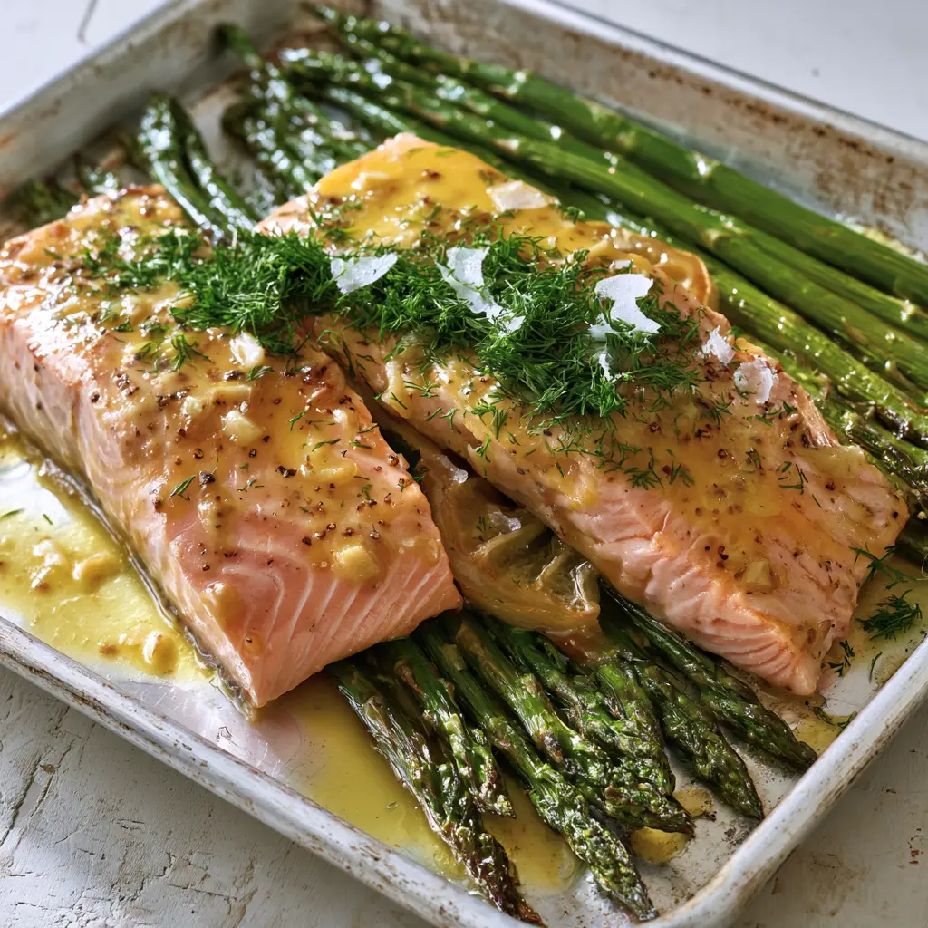 Baked Dijon Salmon with Blistered Asparagus and Caramelized Lemon 2 Close-up 45-degree angle of Baked Dijon Salmon fillets with glossy glaze and charred asparagus tips.