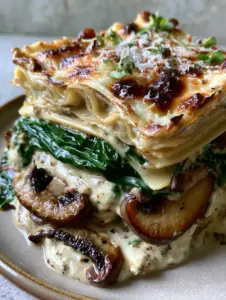 Macro shot of a lasagna slice showing distinct layers of seared cremini mushrooms, vibrant green spinach, and creamy ricotta. (Spinach and Mushroom Lasagna)