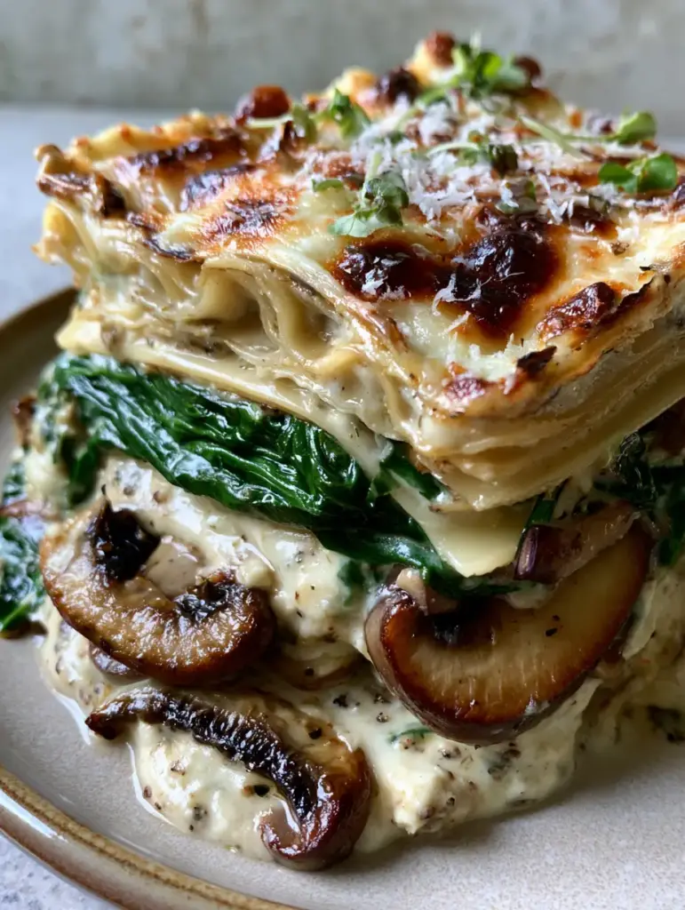Spinach and Mushroom Lasagna with Creamy Bechamel and Toasted Mozzarella 2 Macro shot of a lasagna slice showing distinct layers of seared cremini mushrooms, vibrant green spinach, and creamy ricotta. (Spinach and Mushroom Lasagna)