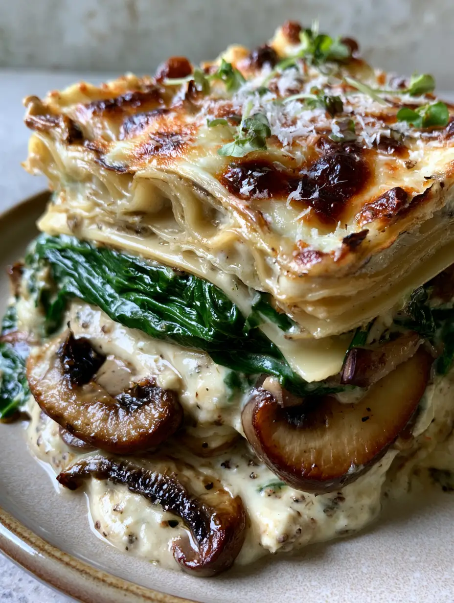 Spinach and Mushroom Lasagna with Creamy Bechamel and Toasted Mozzarella 3 Macro shot of a lasagna slice showing distinct layers of seared cremini mushrooms, vibrant green spinach, and creamy ricotta. (Spinach and Mushroom Lasagna)