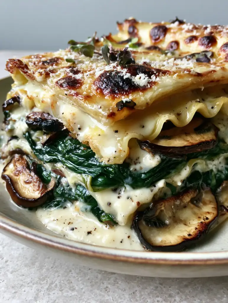 Spinach and Mushroom Lasagna with Creamy Bechamel and Toasted Mozzarella 1 Top view of a bubbling spinach and mushroom lasagna with toasted golden-brown leopard spots on the mozzarella cheese crust.