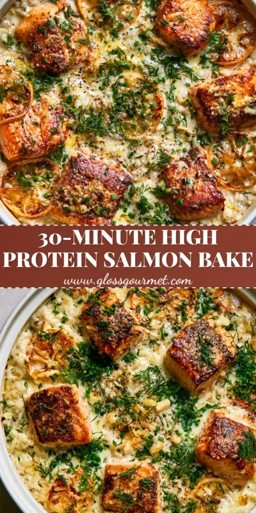 Salmon Rice Casserole with Garlic Butter and Crispy Skin 4 A top-down view of a gourmet salmon rice casserole in a white skillet with crispy salmon chunks and charred lemons.