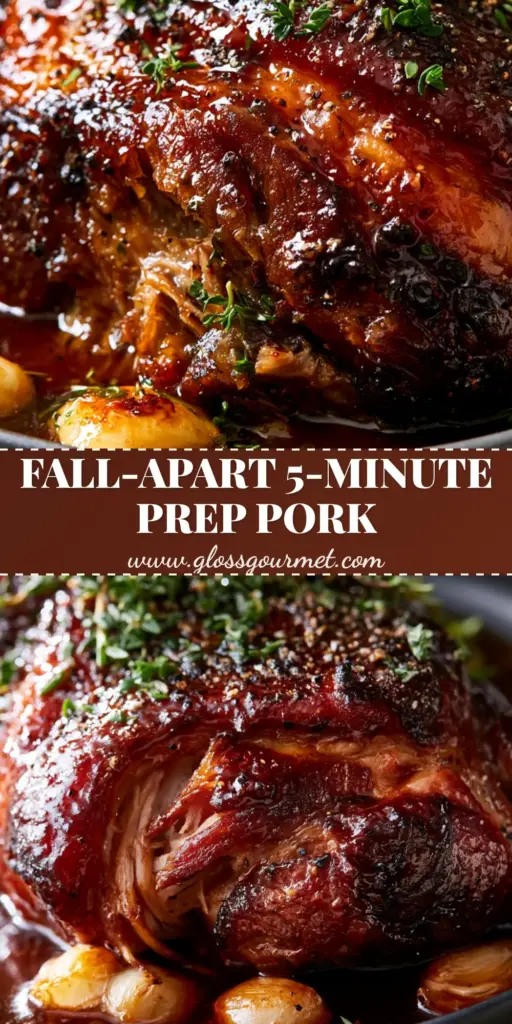 Slow Cooker Brown Sugar Garlic Pork Roast with Mahogany Glaze 3 A close-up of slow cooker brown sugar garlic pork roast with a glossy mahogany glaze and fresh thyme garnishes.