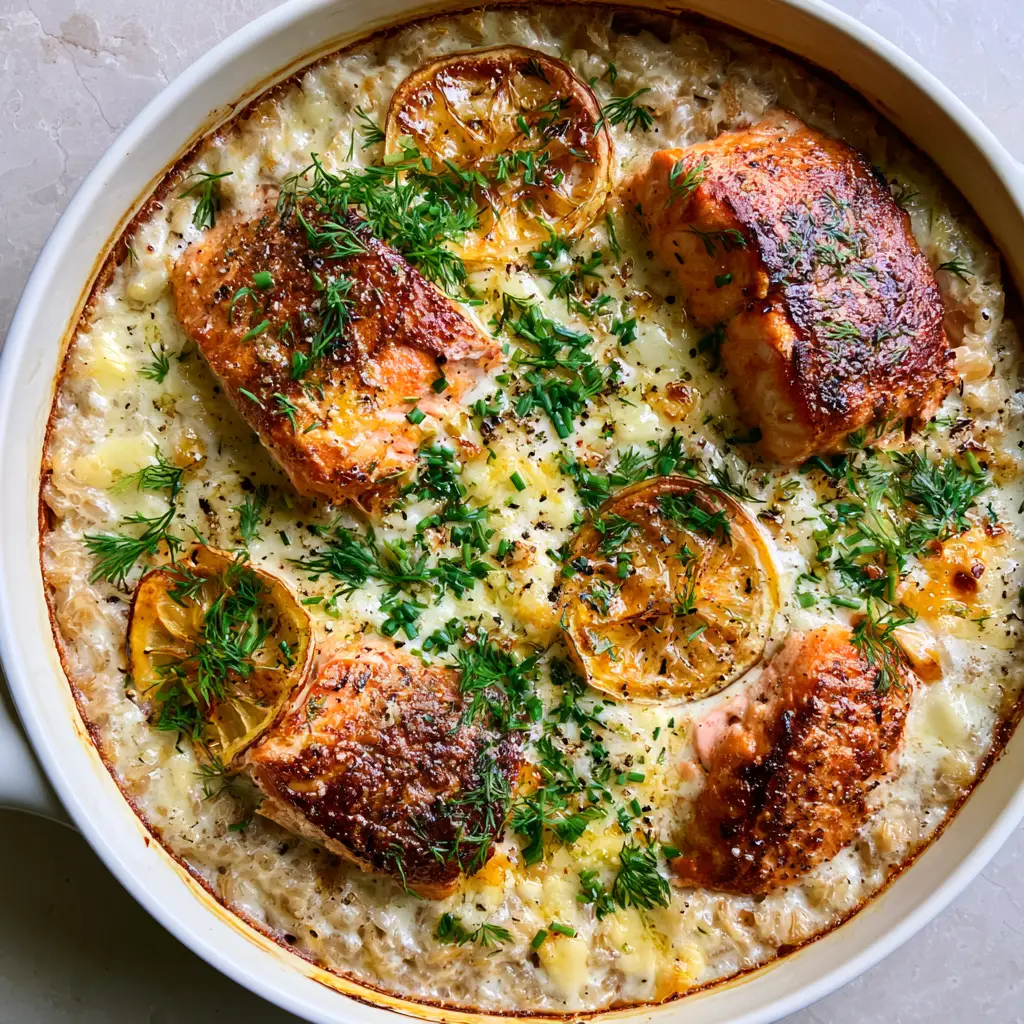 Salmon Rice Casserole with Garlic Butter and Crispy Skin 2 Close up of pan-seared salmon chunks with golden skin in a salmon rice casserole.