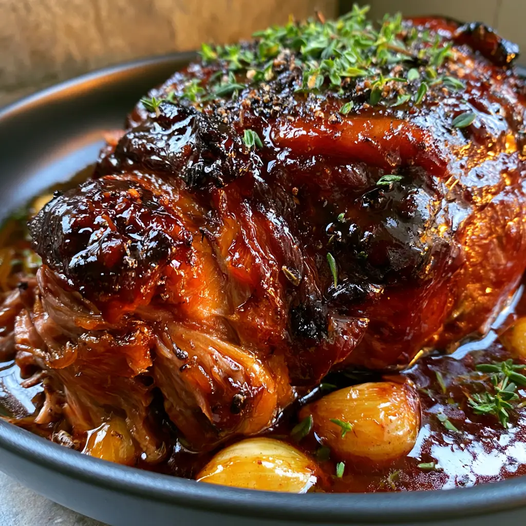 Slow Cooker Brown Sugar Garlic Pork Roast with Mahogany Glaze 2 Extreme close-up of succulent shreds of slow cooker brown sugar garlic pork roast with whole roasted garlic cloves.